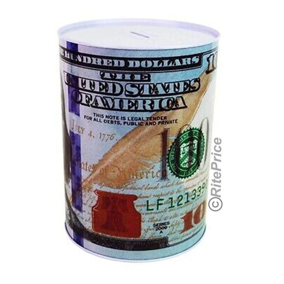 Ben Franklin $100 Bill Money Coin Saver Tin Money Savings 6" Piggy Bank (1 Pack) - Picture 4 of 9